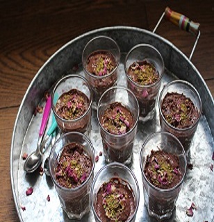 Pistachio and rose topped chocolate mousse